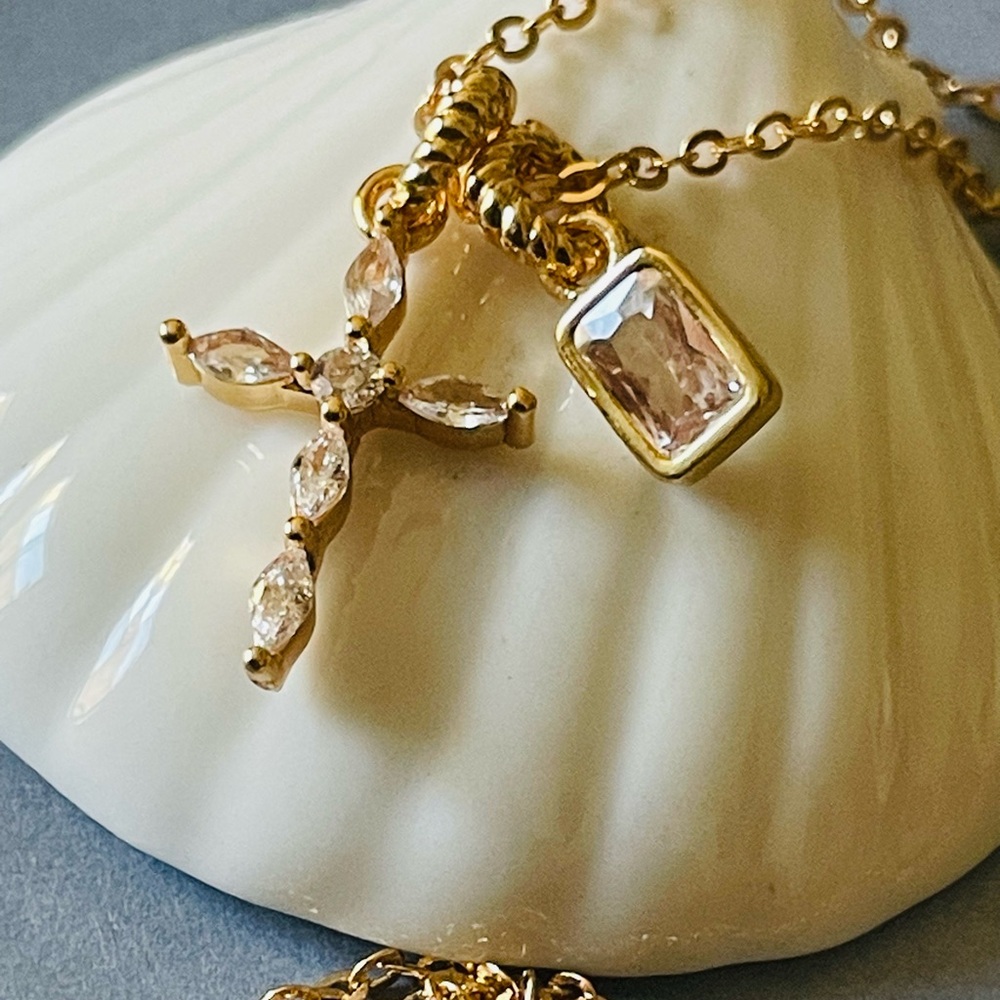 Gold Cross Pendant Necklace with Charm